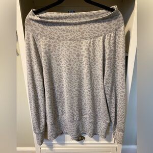 Mono B Animal Print, Gray on light blue/silver, off the shoulder, thin, cozy top